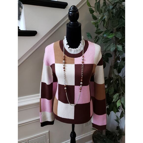 Women's Anthropologie Pink/Brown Checkered Pullover Sweater XL New - Picture 1 of 12
